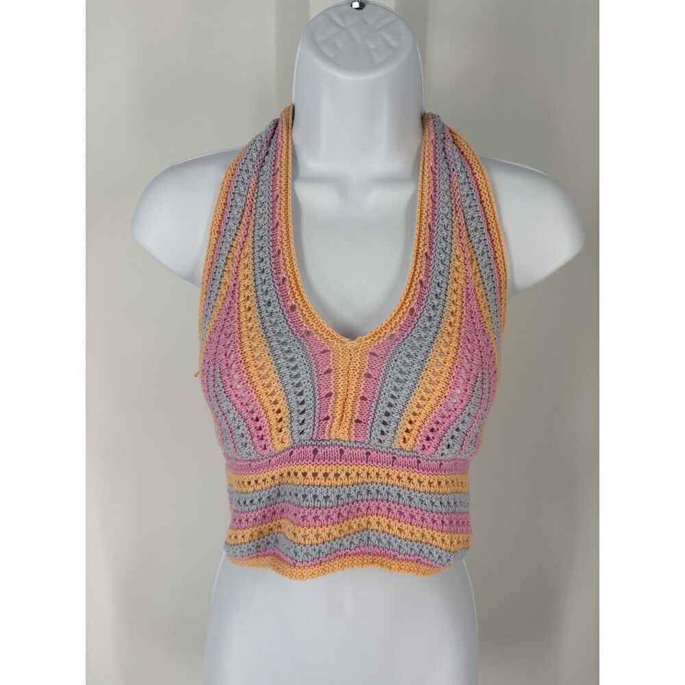 Boho Crochet Halter Crop Top | Multicolor Knit Festival Summer Top - Picture 1 of 5